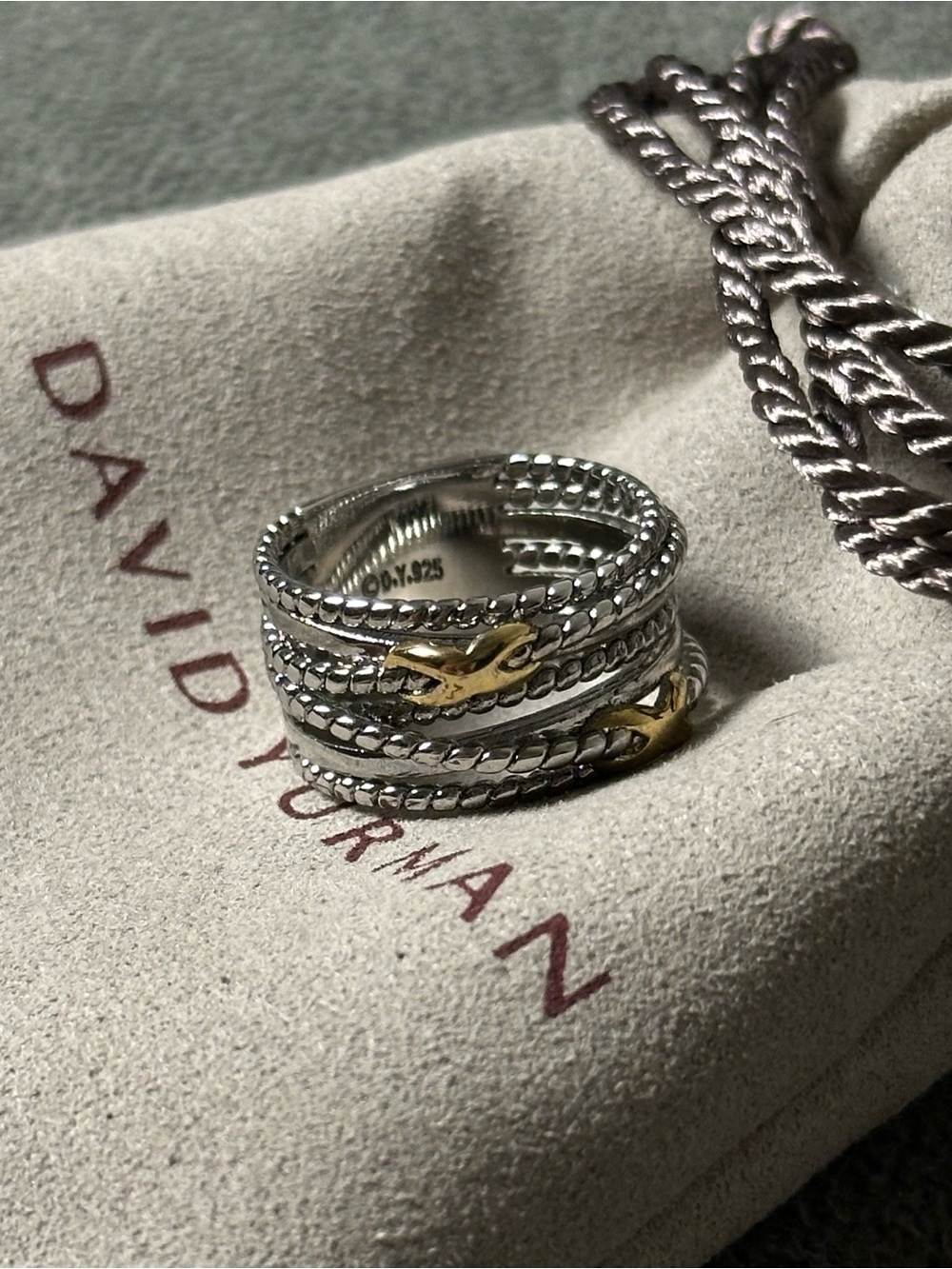 David Yurman Sterling Silver and 14K Gold Double X Crossover Ring Size 7 US